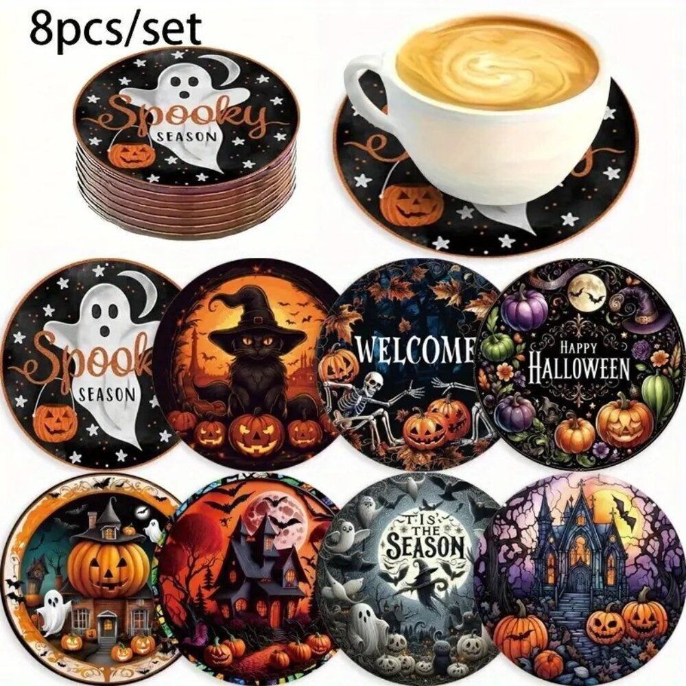 8pcs Halloween-Themed Wooden Coasters 3.94x3.94 Non-Slip Heat-Resistant Pads